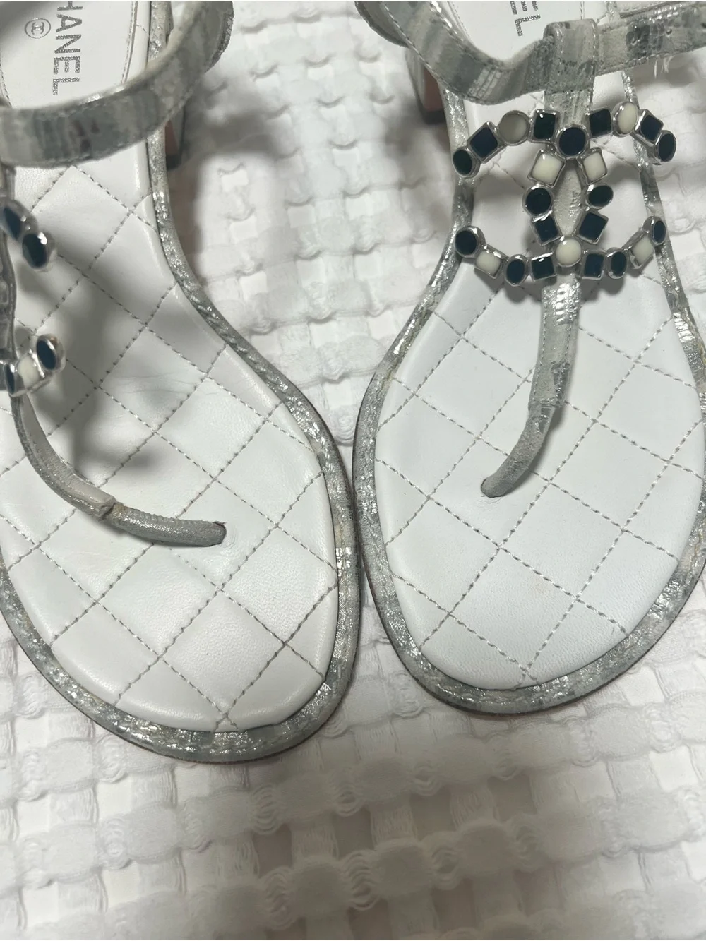 CHANEL White Silver Jeweled CC Logo Heeled Thong Sandals